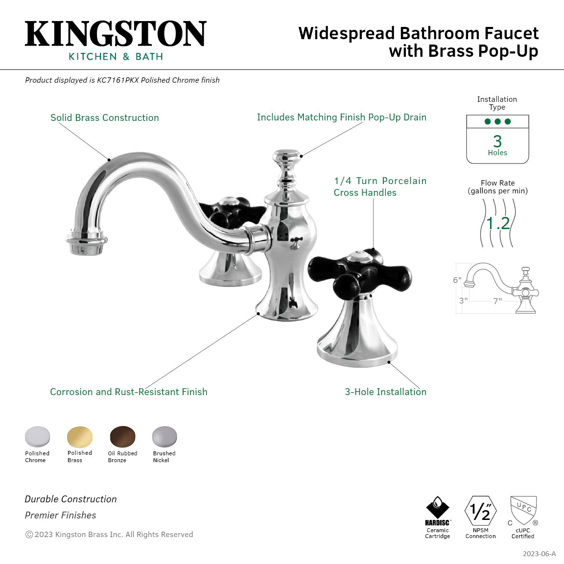 Kingston Heirloom KC7161PKX - Duchess Two-Handle 3-Hole Deck Mount Widespread Bathroom Faucet with Brass Pop-Up, Polished Chrome — thumbnail 2